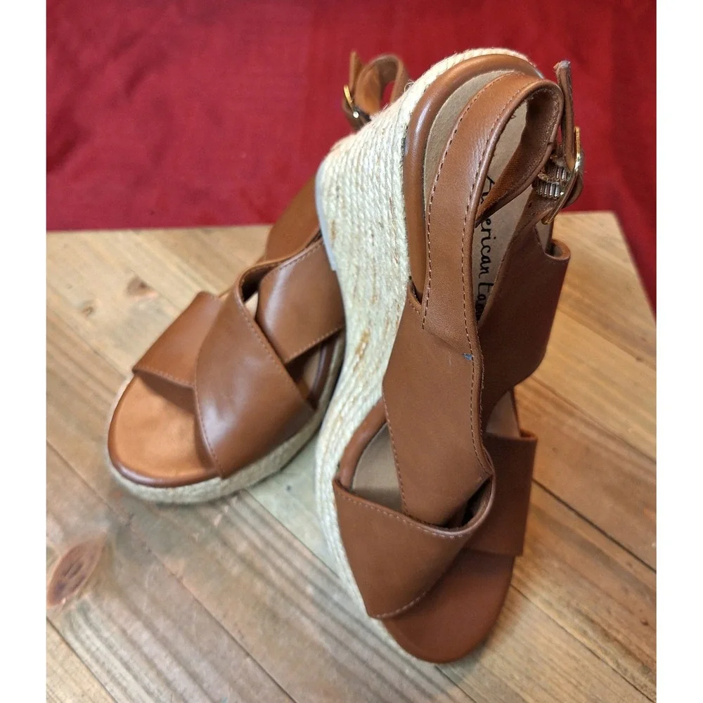American Eagle Tan Faux‎ Leather Espadrille Wedge Sandals Women Size 8 159833